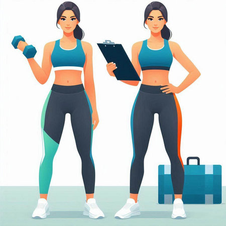 Vector illustration of a young woman with a clipboard and dumbbellsのイラスト素材