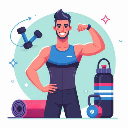 Fitness man character with dumbbells, bottle of water and yoga mat. Vector illustration in flat styleのイラスト素材