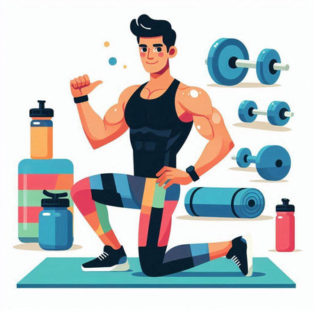 Fitness man doing exercise with dumbbells. Vector illustration in flat styleのイラスト素材