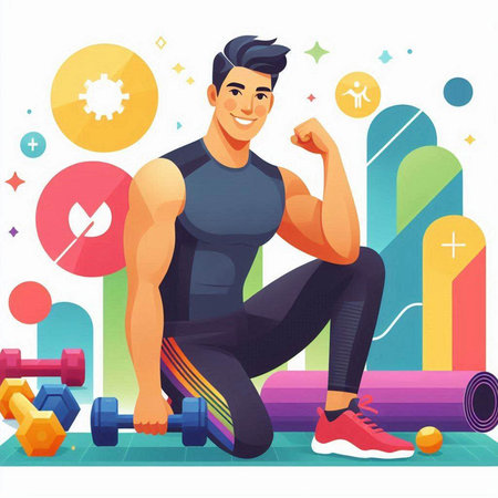 Sporty man in sportswear doing exercises with dumbbells. Vector illustrationのイラスト素材