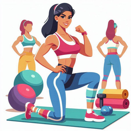 Fitness woman doing exercises with dumbbells. Vector cartoon illustrationのイラスト素材
