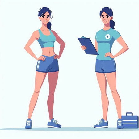 Fitness woman in sportswear with clipboard. Vector illustration.のイラスト素材