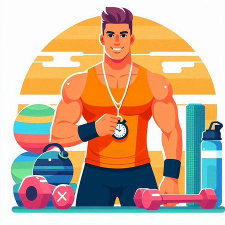 Fitness man in sportswear doing exercises with dumbbells and watch. Vector illustrationのイラスト素材