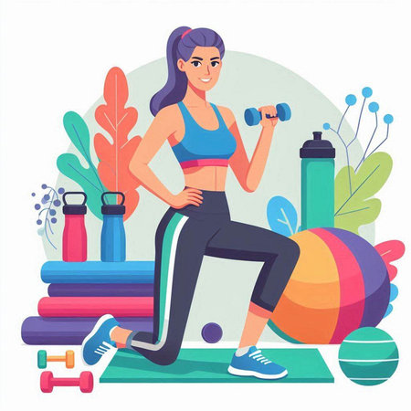 Fitness girl with dumbbells. Vector illustration in flat styleのイラスト素材