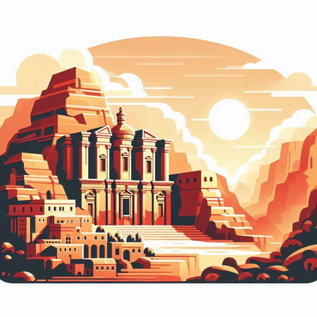 Egyptian Temple in the desert. Illustration in retro style.のイラスト素材