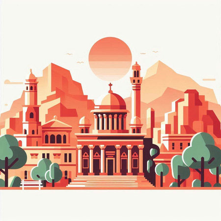 Illustration of mosque and city landscape in flat style. Vector illustration.のイラスト素材