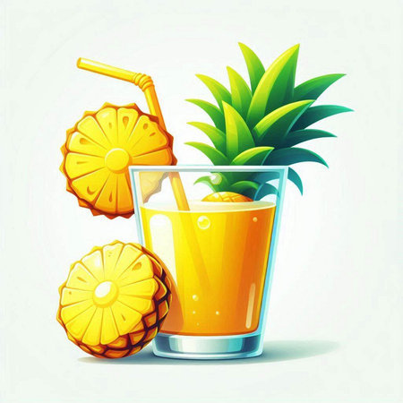Vector illustration of fresh pineapple juice in a glass with a straw.のイラスト素材