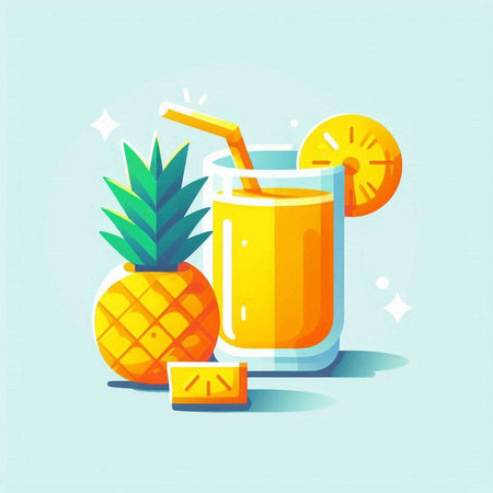 Pineapple juice in a glass with a straw. Vector illustration.のイラスト素材