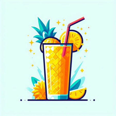Cocktail with pineapple and straw. Vector illustration in flat styleのイラスト素材