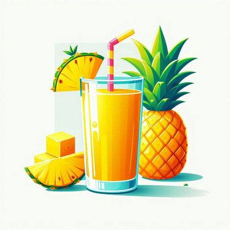 Pineapple juice in a glass with a straw. Vector illustration.のイラスト素材