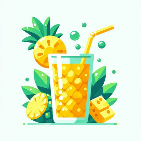 Pineapple juice in a glass with a straw. Vector illustration in flat style.のイラスト素材