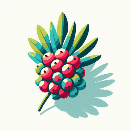 Bunch of rowan berries with green leaves. Vector illustration.のイラスト素材