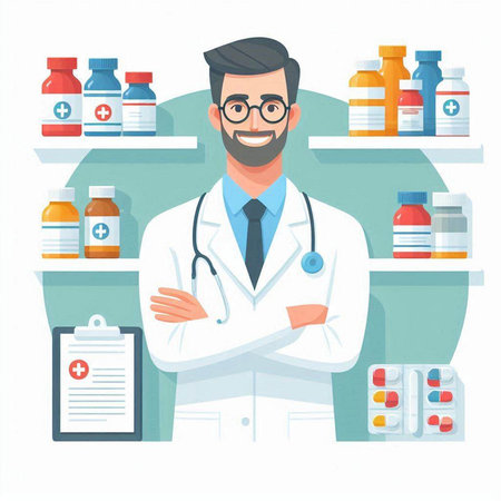 Smiling doctor standing in front of shelves with medicines. Vector illustration in cartoon styleのイラスト素材