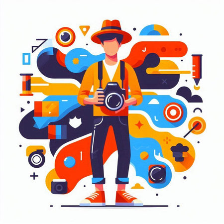 Photographer with camera flat vector illustration. Cartoon photographer with camera on colorful background with copy space for textのイラスト素材