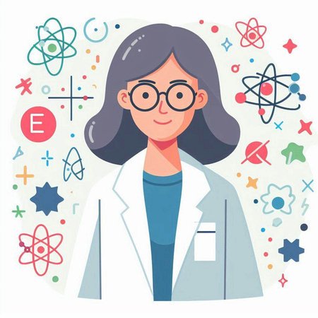 Vector illustration of female scientist in white coat and glasses with chemical formulas.のイラスト素材