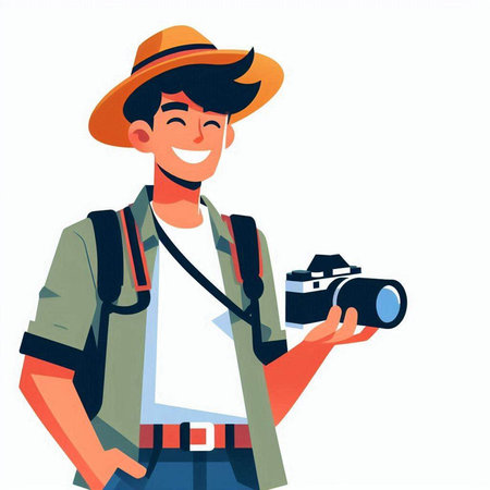 Tourist man in hat with camera. Vector illustration in cartoon styleのイラスト素材