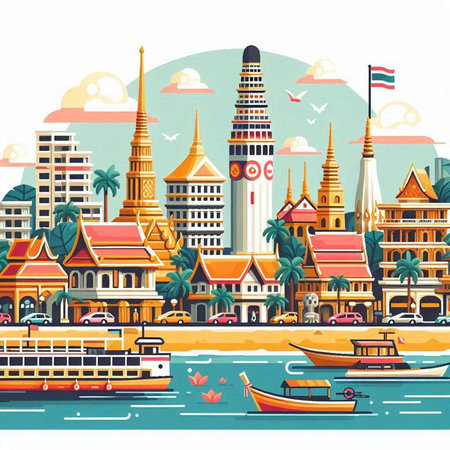 Bangkok, Thailand. Landmarks of Thailand. Vector illustration.のイラスト素材
