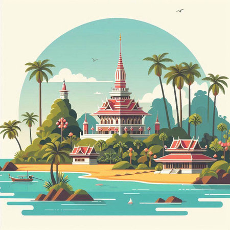 Tropical island with famous landmarks. Vector illustration in flat styleのイラスト素材