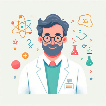 Scientist in lab coat and glasses. Vector illustration in flat styleのイラスト素材