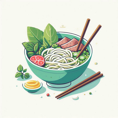 Noodle soup in bowl with chopsticks and vegetables, vector illustrationのイラスト素材