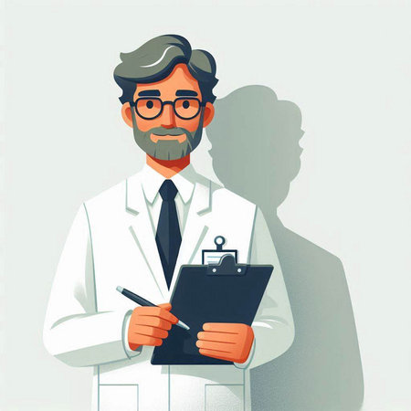 Vector illustration of a male doctor with a clipboard in his hands.のイラスト素材