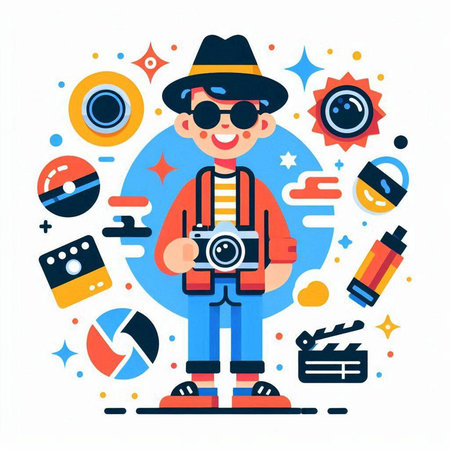 Hipster man with camera. Vector illustration in flat style.のイラスト素材
