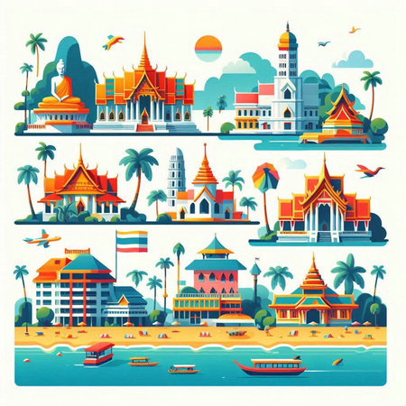 Thailand travel icon set in flat style. Tourist attractions. Vector illustration.のイラスト素材