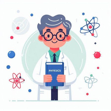Scientist holding a book and looking at the atom. Vector flat illustration.のイラスト素材
