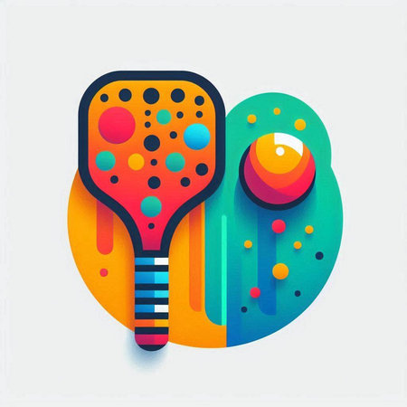 Colorful illustration of a tennis racket and ball on a colorful backgroundのイラスト素材