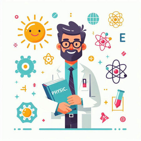 Scientist with book in hands. Vector illustration in flat style.のイラスト素材