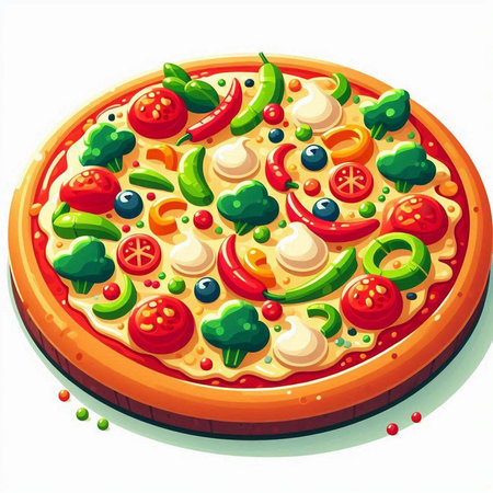 Illustration of a pizza with mozzarella cheese, tomatoes and peppersのイラスト素材