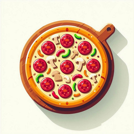 Pizza with mushrooms and tomatoes in a pan. Vector illustration.のイラスト素材