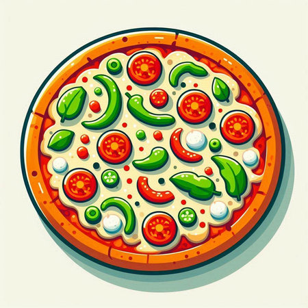 Pizza with tomato, mozzarella and basil. Vector illustrationのイラスト素材