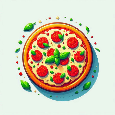 Pizza with tomato and basil on a light background. Vector illustration.のイラスト素材