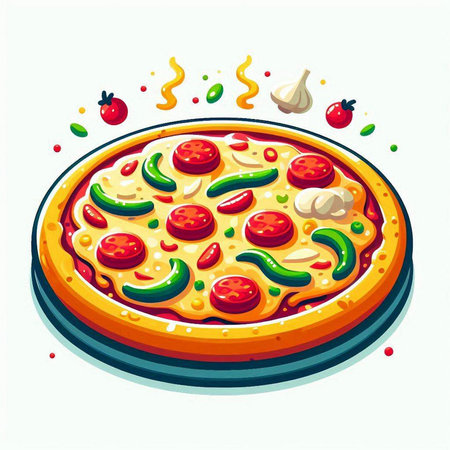 Pizza with tomato, pepper and mozzarella. Vector illustrationのイラスト素材