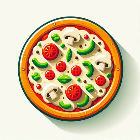 Pizza with mushrooms, tomatoes and cucumbers. Vector illustration.のイラスト素材
