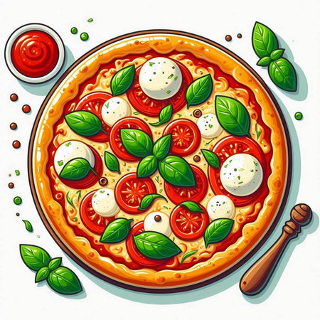 Pizza with mozzarella, tomato and basil. Vector illustrationのイラスト素材