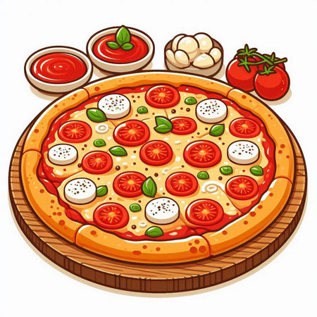 Pizza with mozzarella, tomato and basil on a white backgroundのイラスト素材