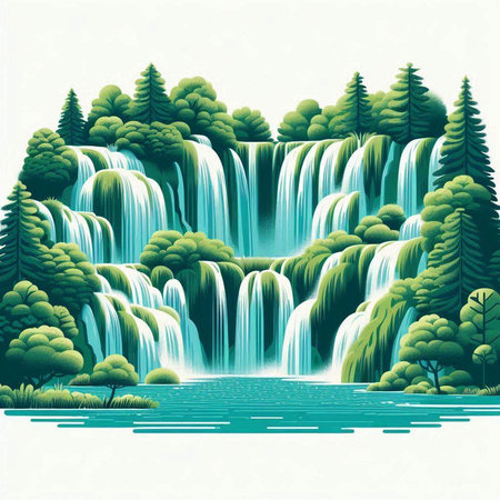 Waterfall in the forest. Landscape with a waterfall. Vector illustration.のイラスト素材