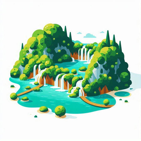 Waterfall in the forest. Vector illustration of a cartoon style.のイラスト素材