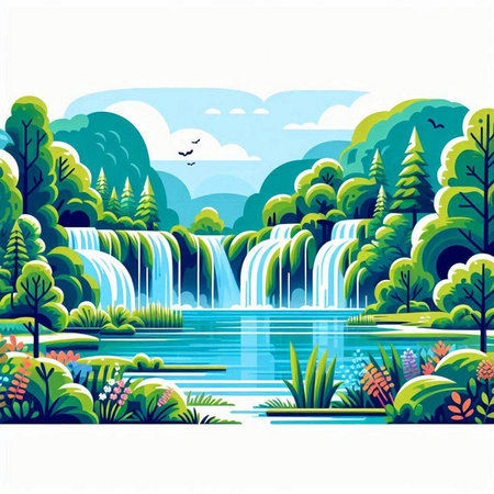 Waterfall in the forest. Nature landscape. Vector illustration. EPS 10のイラスト素材
