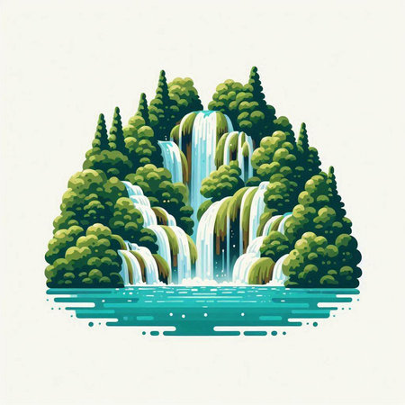 Waterfall in the forest. Vector illustration in a flat style.のイラスト素材
