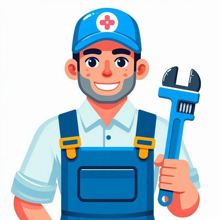 Plumber in uniform holding a spanner. Vector illustration in cartoon styleのイラスト素材