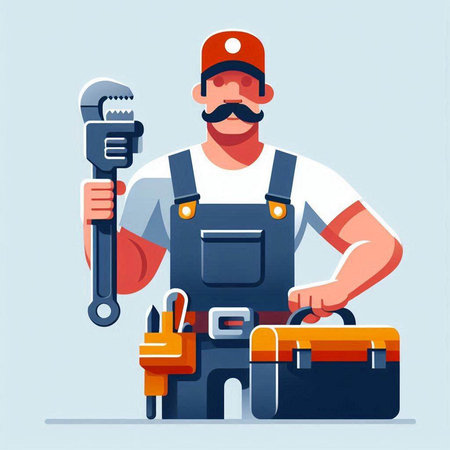 Plumber in uniform with tools. Vector illustration in cartoon style.のイラスト素材