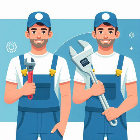 Two smiling plumbers in uniform with tools. Vector illustration in cartoon styleのイラスト素材