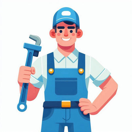 Plumber in overalls with wrench. Vector illustration in cartoon styleのイラスト素材