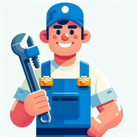 Plumber with wrench in hands. Vector illustration in cartoon style.のイラスト素材