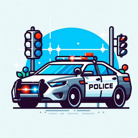 Police car on the road. Vector illustration in flat design style.のイラスト素材