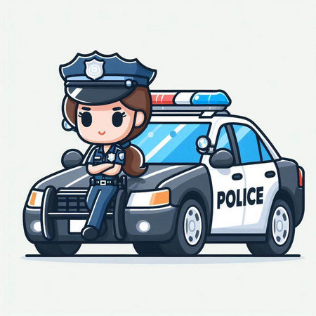 police woman on the police car. Cartoon character. Vector illustration.のイラスト素材