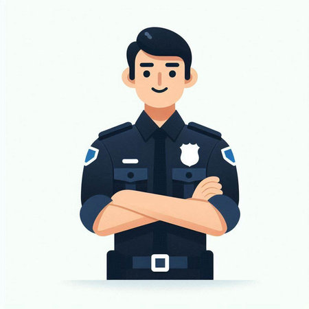 Police officer with arms crossed. Vector illustration in flat cartoon style.のイラスト素材